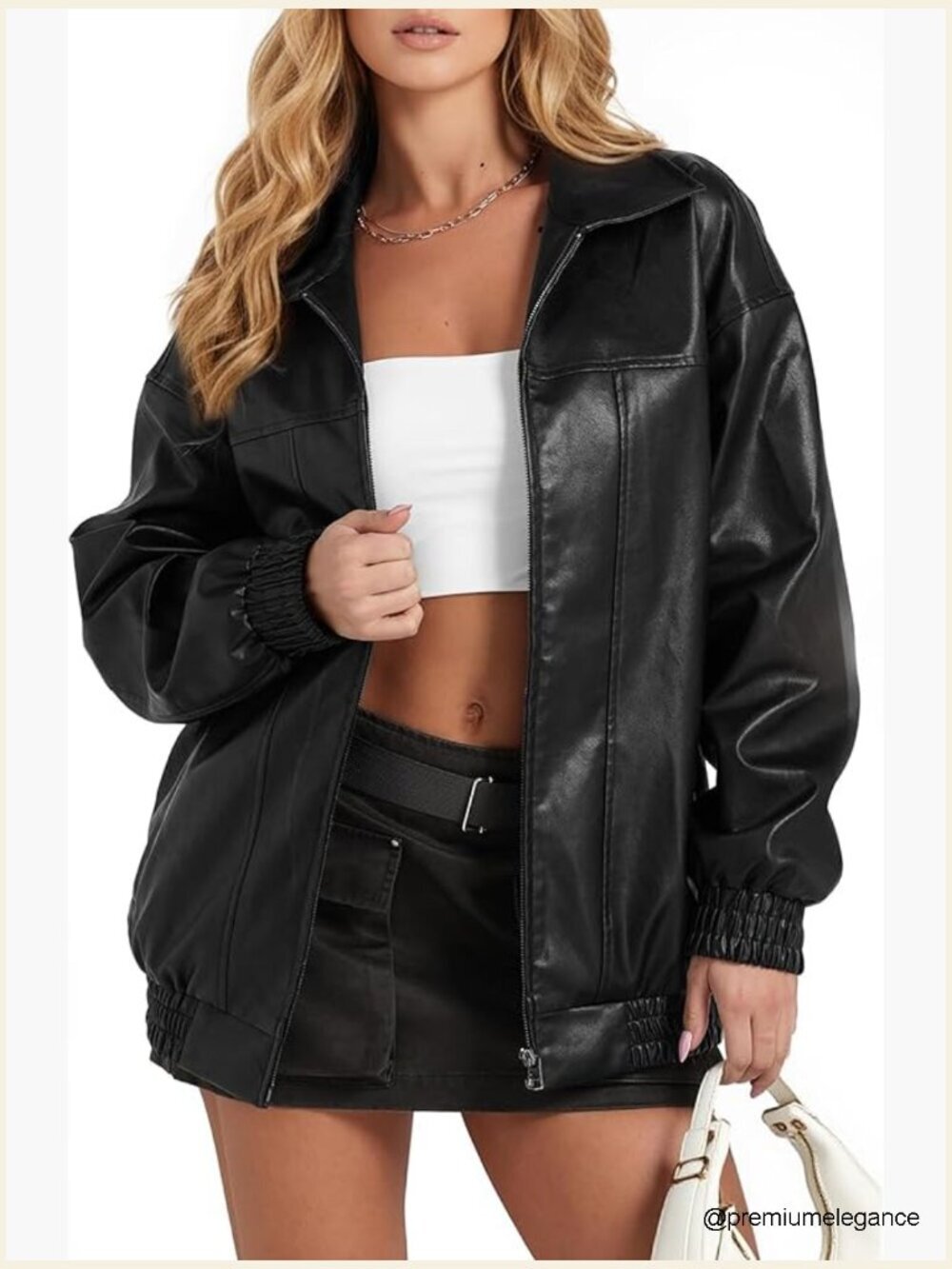 Oversized Faux Leather Motorcycle Jacket with Zipper and Pockets